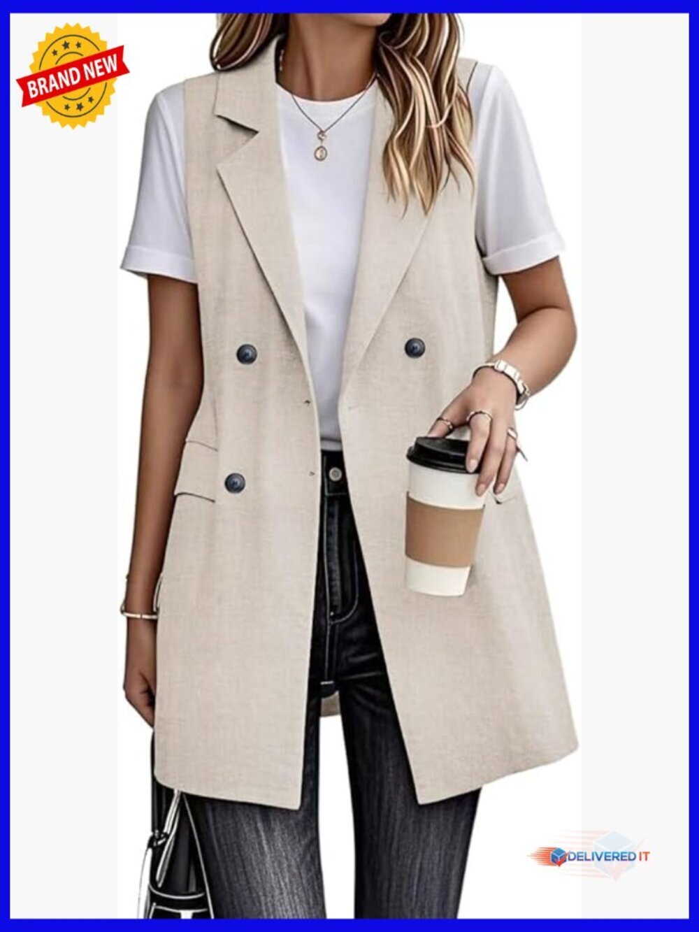 Long Linen Vest Blazer Jacket Sleeveless Outerwear